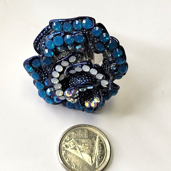 Statement Blue Rhinestone floral Ring with Adjustable Band - Picture 3 of 8